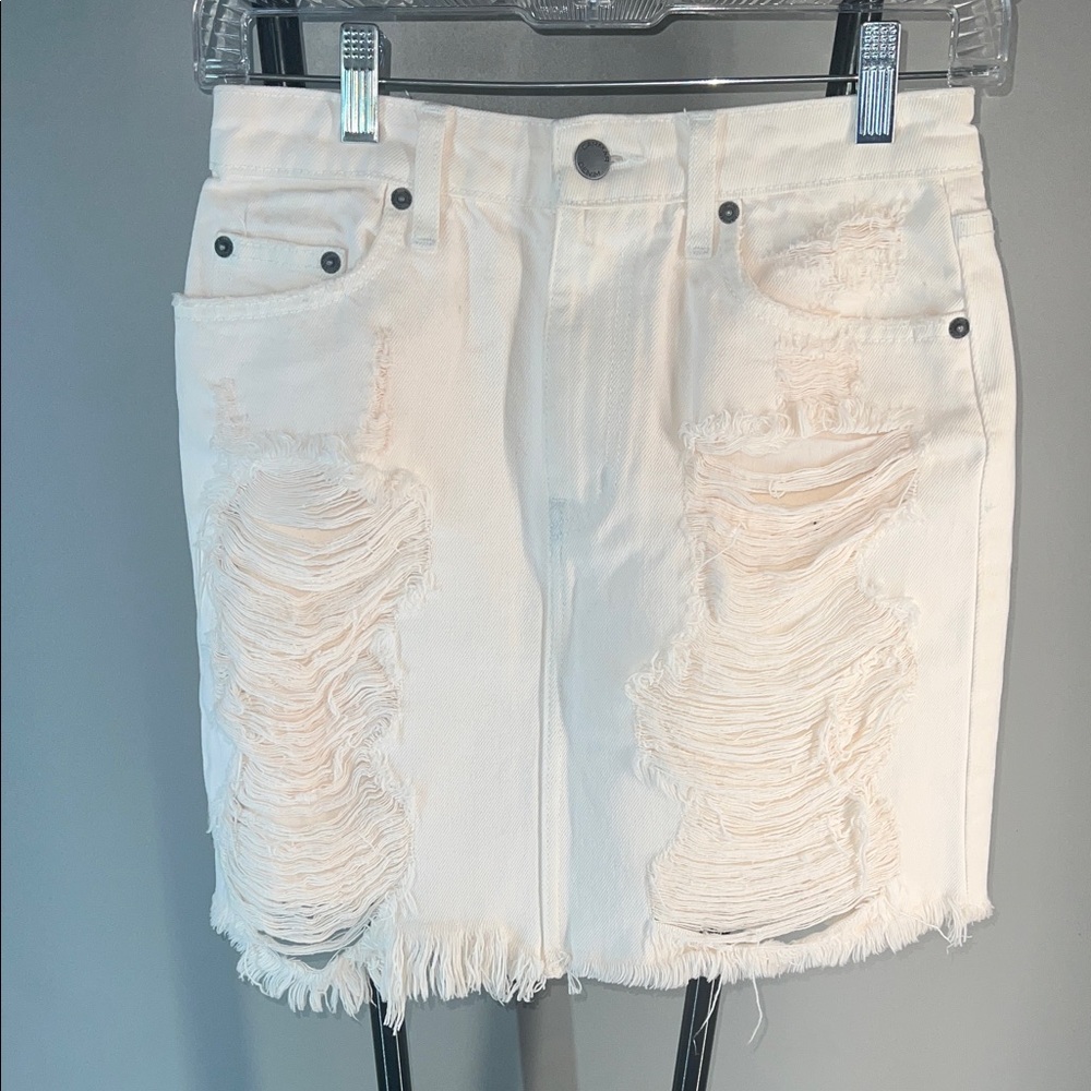 Carmar Cream Distressed Denim Mini Skirt with Frayed Hem